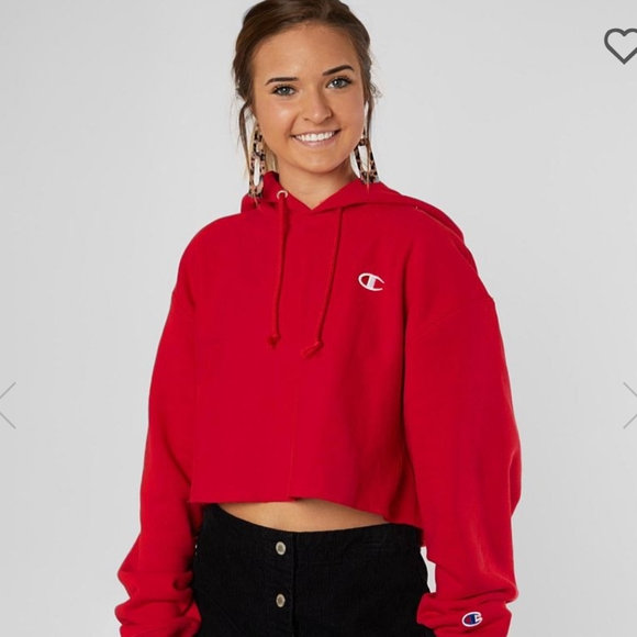 red cropped champion hoodie